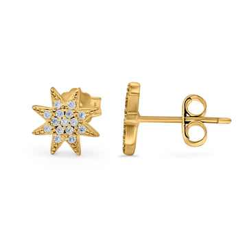 Starburst Stud Earrings Round Yellow Tone, Simulated CZ 925 Sterling Silver